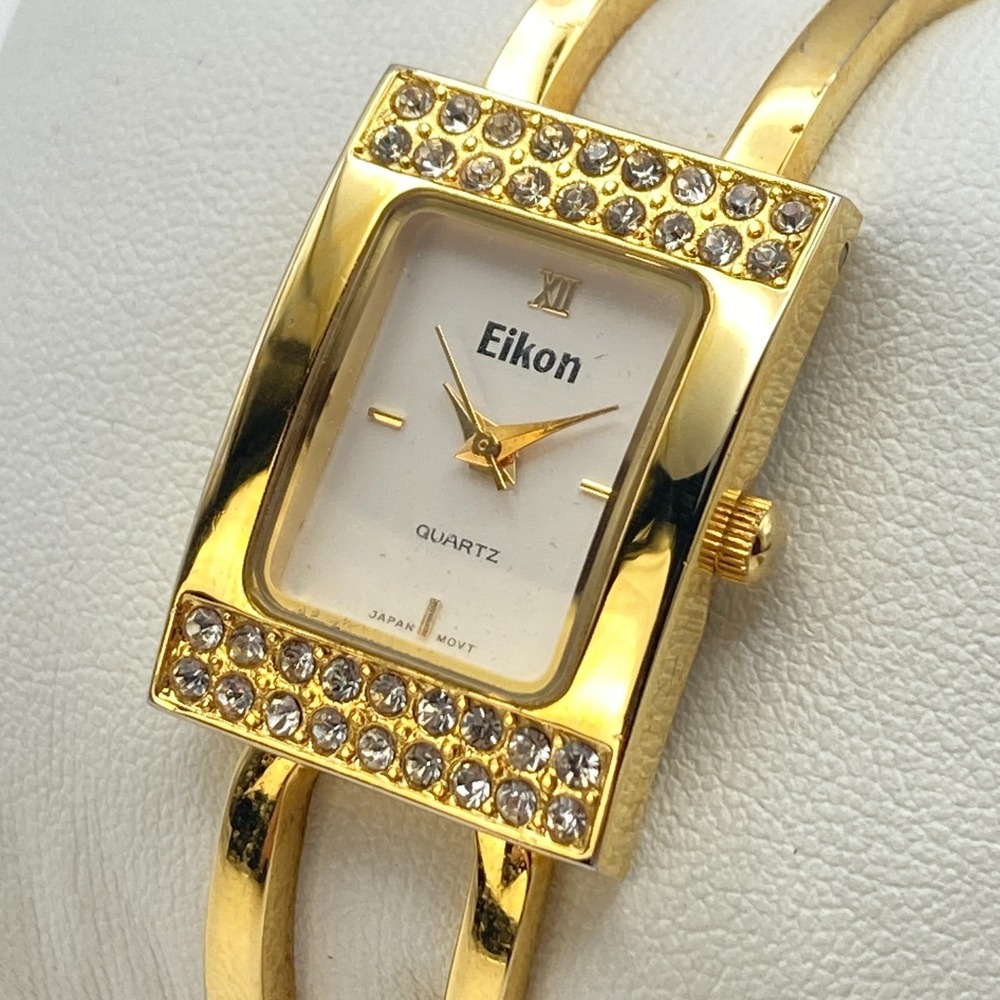 Eikon Women's Tank Watch Gold Tone Cuff Crystals Bling 21mm New Battery SMALL 6"